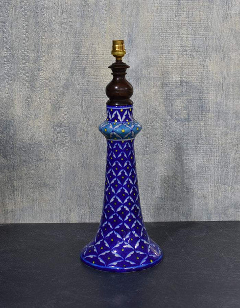 Jaipur Blue Pottery Handmade Lamp 12 Without Shade in Blue & White Geometrical Design With Yellow Dots (Without Lampshade)
